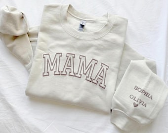 Personalized Mama Sweatshirt Hoodie T Shirt Custom Name Sleeve Minimalist Mom Gift Neutral Aesthetic Cozy Apparel, Cute Mama Gift for her