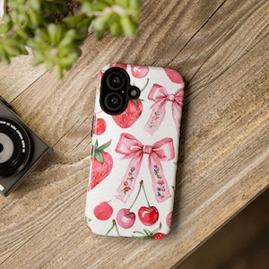 Phone Cases, Girly Cute Summer Spring Strawberries Cherries Bows, Tough Cases, Protective Covers, Hard Shell, Unique Gift, Trendy Accessory,