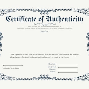 CERTIFICATE OF AUTHENTICITY, Certificate of Authenticity  for Original Art, Customizable