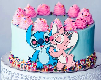 STITCH AND ANGEL cake topper blue and pink