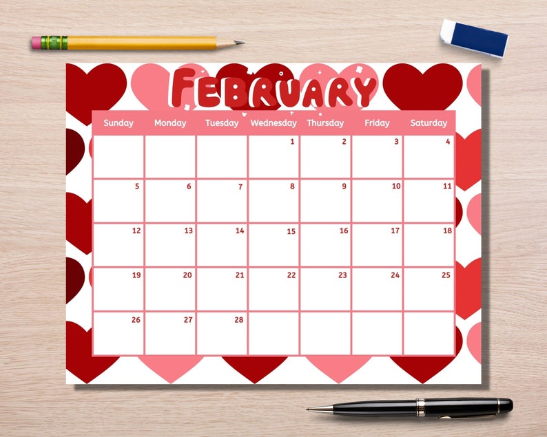 Heart Pattern February 2023 Calendar Desk Calendar Printable Etsy