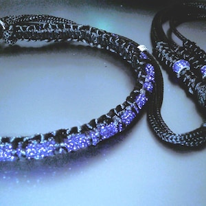 Elegant Deep Blue CRYSTAL Dog Collar & Lead, Dog Show Leash, Black + colors. Braided Grip, wider Neck. Fine Dog Show Martingale. Made in USA
