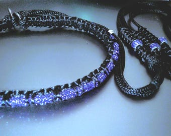 Elegant Deep Blue CRYSTAL Dog Collar & Lead, Dog Show Leash, Black + colors. Braided Grip, wider Neck. Fine Dog Show Martingale. Made in USA