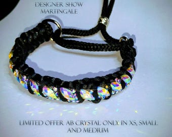 Elegant GIFT,  AB CRYSTAL Dog Show Collar & Show Lead, Dog Leash, Black, White or colors. Braided Grip, wider Neck. Fine Dog Show Martingale