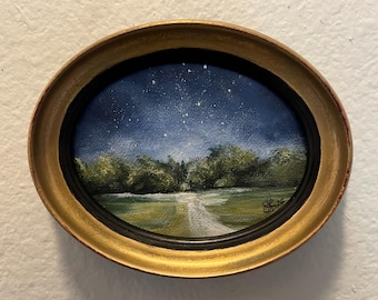 ORIGINAL Acrylic Hand Painted,Magical Stars Night SkY,Small Antique Gold Frame, One of a Kind,Unique,Gallery Wall Art,Free Ship In US