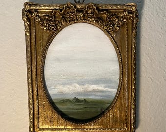 ORIGINAL Painting, Peaceful Landscape Small Detailed Antique Gold Frame Summer Big Sky One of a Kind Unique Gallery Wall Art Free Ship In US