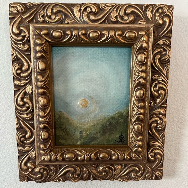 ORIGINAL One of a Kind Acrylic Painting Golden Moon Magical Paint Beautiful Gold Antique Frame Small Gallery Wall Free Ship in US