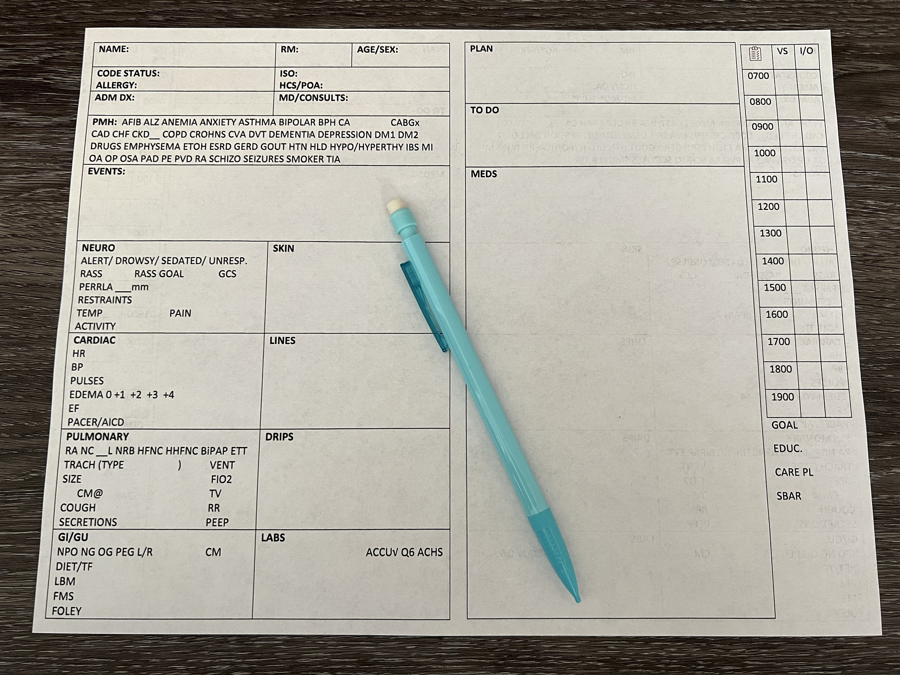 RN ICU 2 patient report sheet day shift horizontal layout