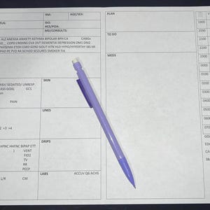 May include: A white medical chart with a grid for recording vital signs and medical information. The chart includes sections for patient information, allergies, medications, and medical history. The chart is labeled with headings such as "Name", "RM", "Age/Sex", "Plan", "Code Status", "Allergy", "Adm Dx", "50", "HCS/POA", "MD/Consults", "To Do", "Meds", "Neuro", "Skin", "Lines", "Drips", "Labs", "Accuv Q6 Achs", "VS", "I/O", "Goal", "Educ", "Care Pl", "SBAR".