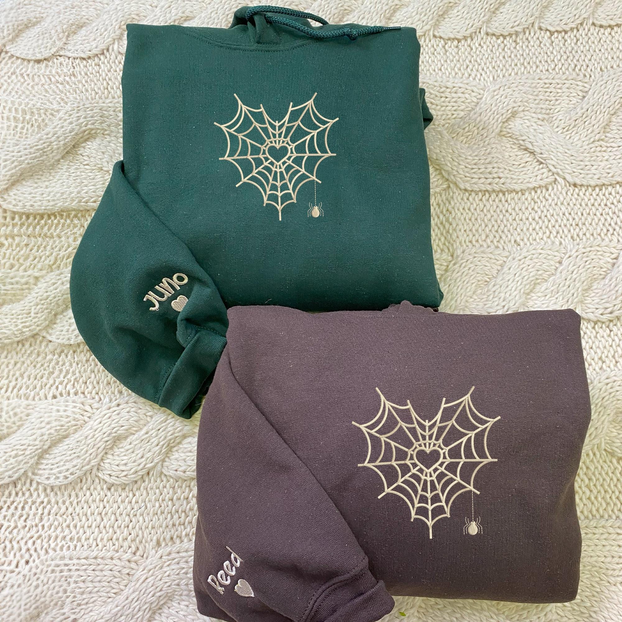 Personalized Halloween Embroidery Couple Sweatshirt, Spiderweb Heart Embroidery T-Shirt, Matching Couple Hoodie, Spooky Season, Halloween Gift for Him/Her