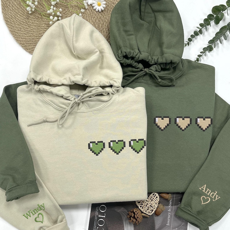 Embroidered Gamer Pixel Hearts Matching Couples Hoodie or Sweatshirt, Couple Crewneck, Personalized Gift For Girlfriend Boyfriend