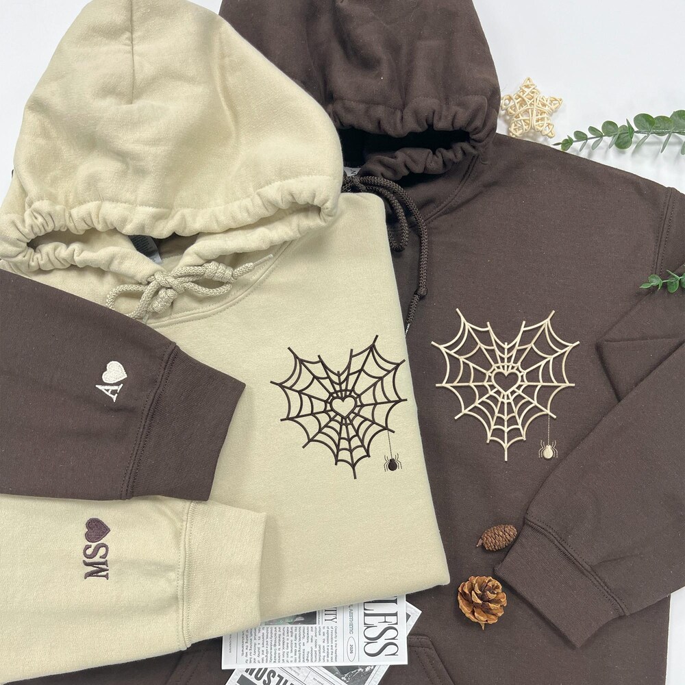 Birthday Gift Halloween Embroidery Couple Sweatshirt, Spiderweb Heart Embroidery Shirt, Matching Couple Hoodie, Spooky Season, Halloween Gift For Him Her Custom Crewneck
