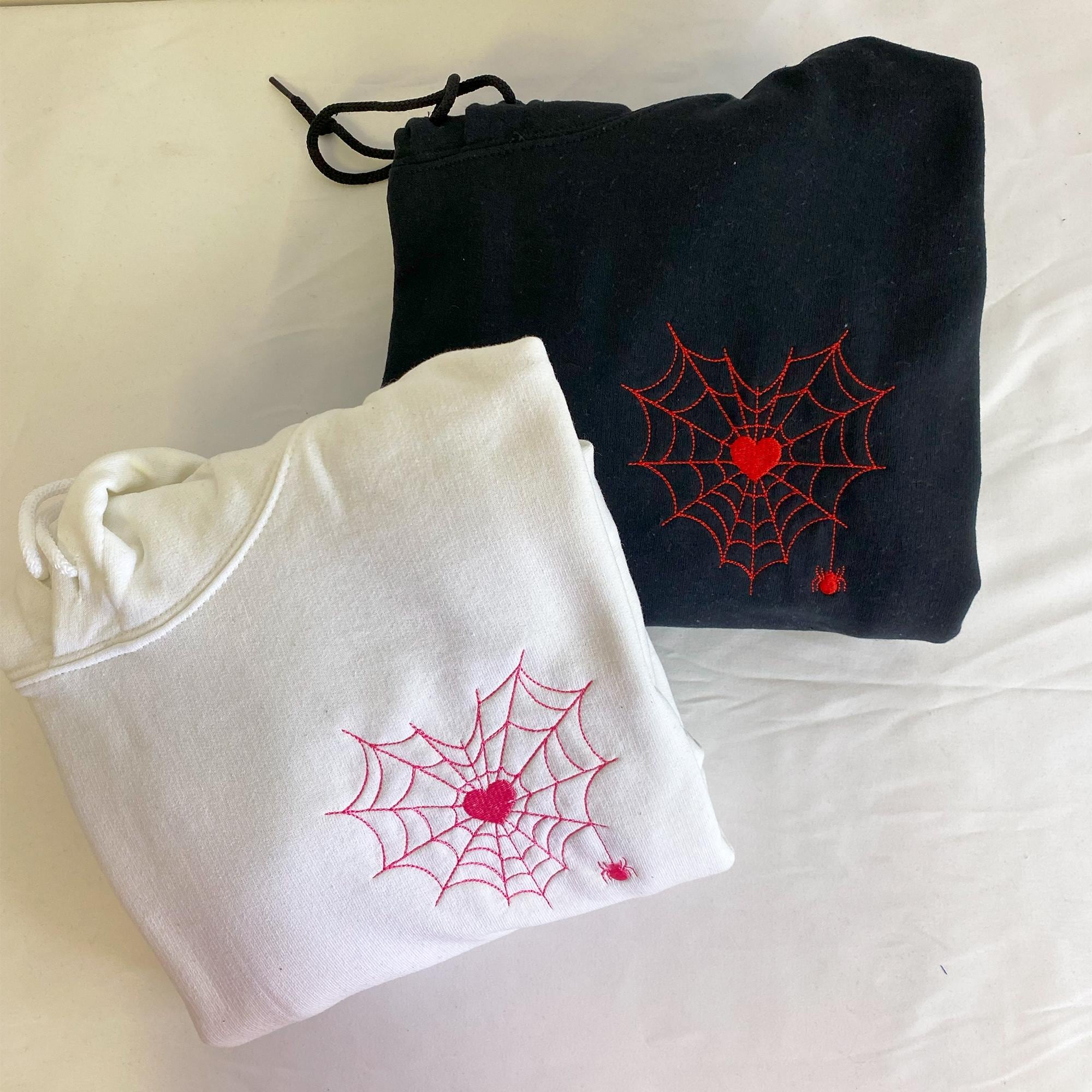 Personalized Halloween Embroidery Couple Sweatshirt, Spiderweb Heart Embroidery T-Shirt, Matching Couple Hoodie, Spooky Season, Halloween Gift for Him/Her