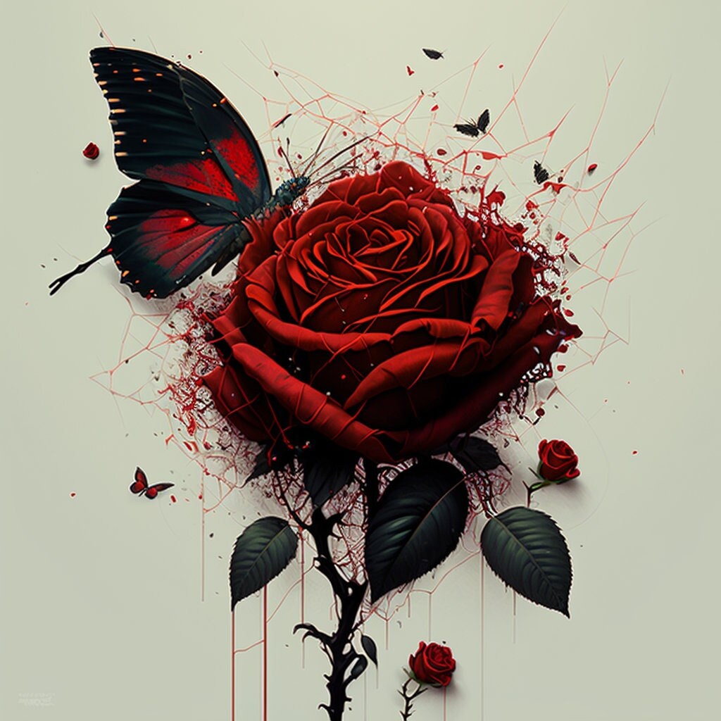 AI Art Print Rose With Butterfly Roses and Butterflies Red Etsy
