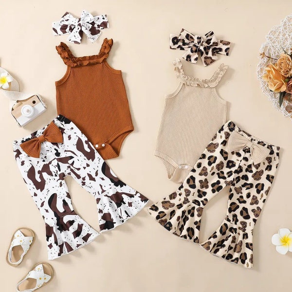 Newborn Baby Girl Kids Three Piece Flares Set — Cow Leopard Print Bow Summer Spring Winter Outfit | Romper Bodysuit + Pants + Headband