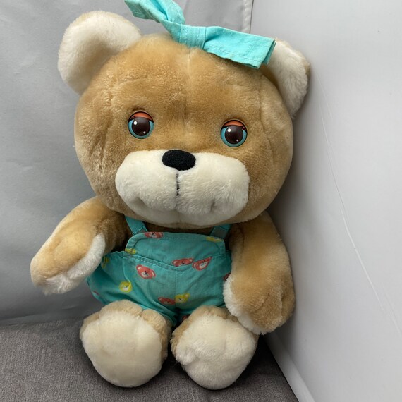Vintage 1986 HASBRO SOFTIES GOOGLIES Teddy Bear Rolling Eyes Sleeping Doll  Bib Overalls