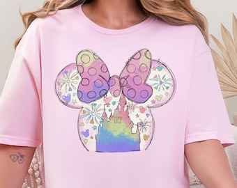 Disney Watercolor Shirt, Disney Castle With Bow, Disney Minnie Bow Themed, Watercolor Disney Shirt, Watercolor Disney Castle, Minnie Ears