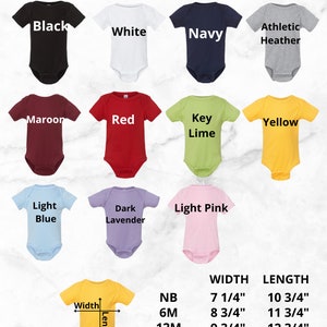 Puede incluir: Un gr&aacute;fico que muestra las opciones de tama&ntilde;o y color para los bodies de beb&eacute; de canal&eacute;. El gr&aacute;fico muestra el tama&ntilde;o en meses, el ancho y la longitud del body en pulgadas, y las opciones de color. Las opciones de color incluyen negro, blanco, azul marino, gris deportivo, granate, rojo, lima clave, amarillo, azul claro, lavanda oscuro y rosa claro.