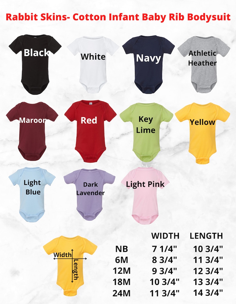 Puede incluir: Un gr&aacute;fico que muestra las opciones de tama&ntilde;o y color para los bodies de beb&eacute; de canal&eacute;. El gr&aacute;fico muestra el tama&ntilde;o en meses, el ancho y la longitud del body en pulgadas, y las opciones de color. Las opciones de color incluyen negro, blanco, azul marino, gris deportivo, granate, rojo, lima clave, amarillo, azul claro, lavanda oscuro y rosa claro.