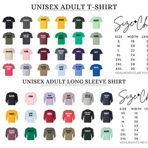 The image is a collage of various adult t-shirts in different colors and sizes, along with a size chart and measurements in inches.