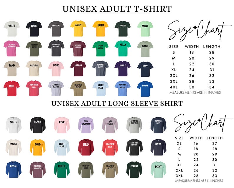The image is a collage of various adult t-shirts in different colors and sizes, along with a size chart and measurements in inches.