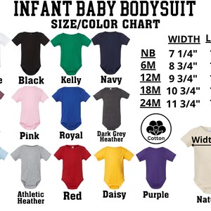The image is a size/color chart for an infant baby bodysuit, displaying various sizes and colors along with corresponding measurements.