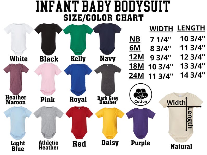 The image is a size/color chart for an infant baby bodysuit, displaying various sizes and colors along with corresponding measurements.
