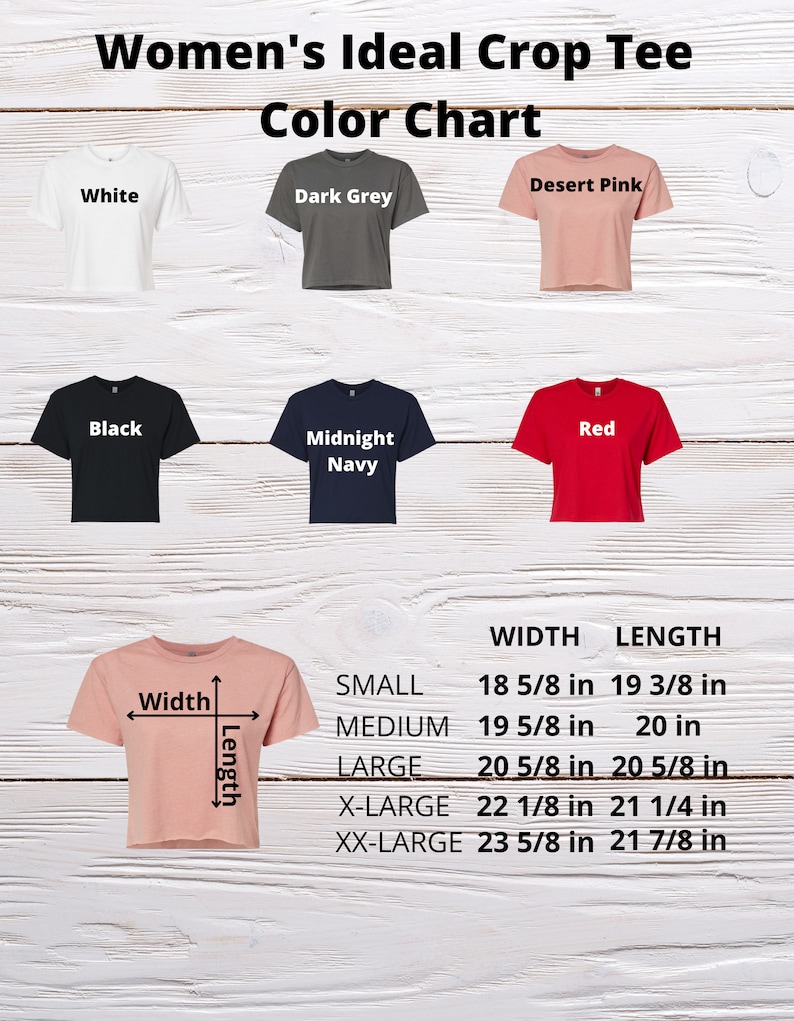 K&ouml;nnte beinhalten: Farbtabelle f&uuml;r Crop-Tees mit sechs Farben: Wei&szlig;, Dunkelgrau, W&uuml;stenrosa, Schwarz, Mitternachtsblau und Rot. Die Tabelle enth&auml;lt eine Gr&ouml;&szlig;entabelle mit Breiten- und L&auml;ngenma&szlig;en in cm f&uuml;r die Gr&ouml;&szlig;en S bis XXL.