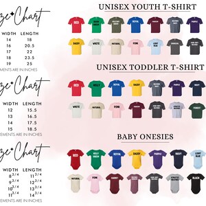 three separate size charts for different types of clothing: a youth t-shirt chart, a toddler t-shirt chart, and a baby onesie chart. Each chart displays a variety of sizes and styles of shirts and tops, ranging from small to large, and from casual to formal. The charts provide a visual representation of the different sizes available for each type of clothing, making it easier for customers to find the right size and style for their needs.