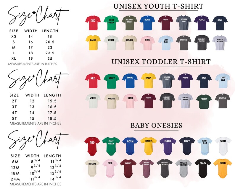 three separate size charts for different types of clothing: a youth t-shirt chart, a toddler t-shirt chart, and a baby onesie chart. Each chart displays a variety of sizes and styles of shirts and tops, ranging from small to large, and from casual to formal. The charts provide a visual representation of the different sizes available for each type of clothing, making it easier for customers to find the right size and style for their needs.