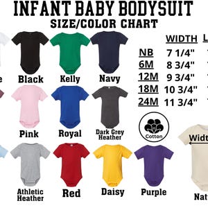 The image is a size/color chart for an infant baby bodysuit, displaying various sizes and colors along with corresponding measurements.