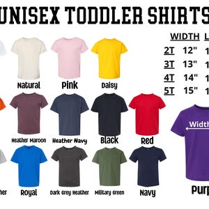 a collection of unisex toddler shirts in various colors and sizes, along with their corresponding width measurements.