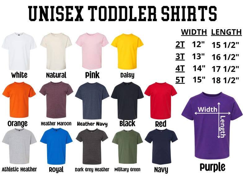 a collection of unisex toddler shirts in various colors and sizes, along with their corresponding width measurements.