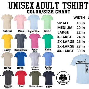 The image is a color/size chart for adult t-shirts, displaying various t-shirt colors and their corresponding sizes.