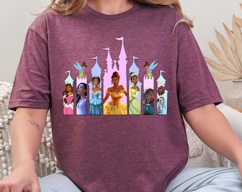 Disney Black Princesses Shirt, Disney Castle Theme, Aurora Asha Cinderella Belle Tiana Anna Elsa, Disney Princesses Shirt, Black Princesses