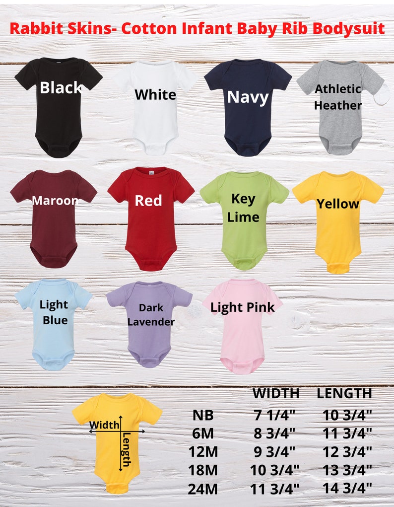 K&ouml;nnte beinhalten: Verschiedene Rabbit Skins Baby-Rib-Bodysuits in Farben wie Schwarz, Wei&szlig; und Marineblau. Das Bild zeigt Gr&ouml;&szlig;enangaben in Zoll, mit der entsprechenden Umrechnung in cm, f&uuml;r jede Body-Gr&ouml;&szlig;e, von NB bis 24M.