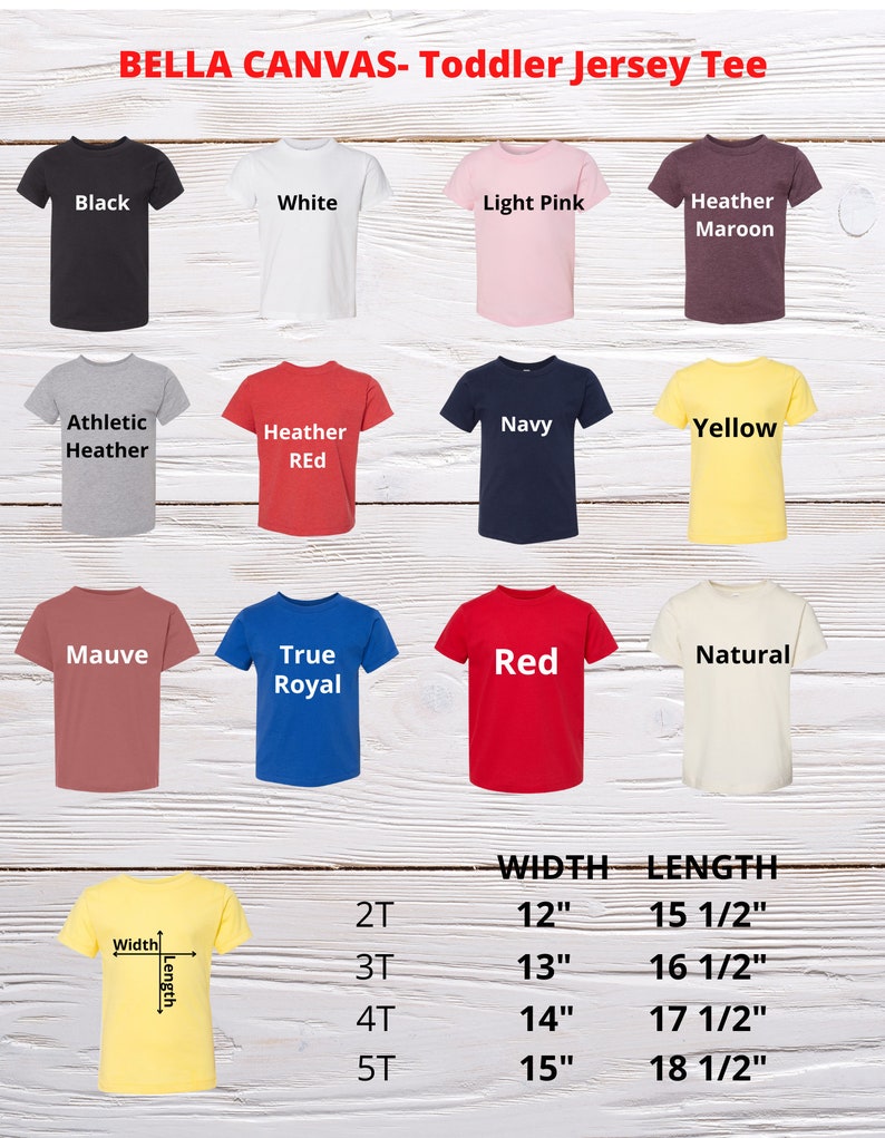 K&ouml;nnte beinhalten: Eine Auswahl an T-Shirts f&uuml;r Kleinkinder in verschiedenen Farben, darunter Schwarz, Wei&szlig;, Hellrosa und Heather Maroon. Das Bild zeigt auch die Ma&szlig;e f&uuml;r Breite und L&auml;nge, von 30,48 cm bis 38,1 cm Breite und 39,37 cm bis 47 cm L&auml;nge.