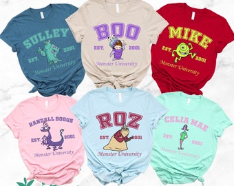 Camiseta a juego de personajes de Disney Monster Inc., camiseta a juego de Mike Boo, Roz, Sulley y Celia Mae de Disney Monster Inc., camiseta grupal de Monster Inc.