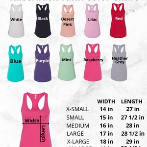 Puede incluir: Tabla de colores que muestra 10 colores diferentes de tanques de espalda de nadador. Los colores son blanco, negro, rosa desierto, lila, rojo, azul, morado, menta, frambuesa y gris jaspeado. La tabla tambi&eacute;n incluye una tabla de tallas con medidas en pulgadas para el ancho y la longitud.