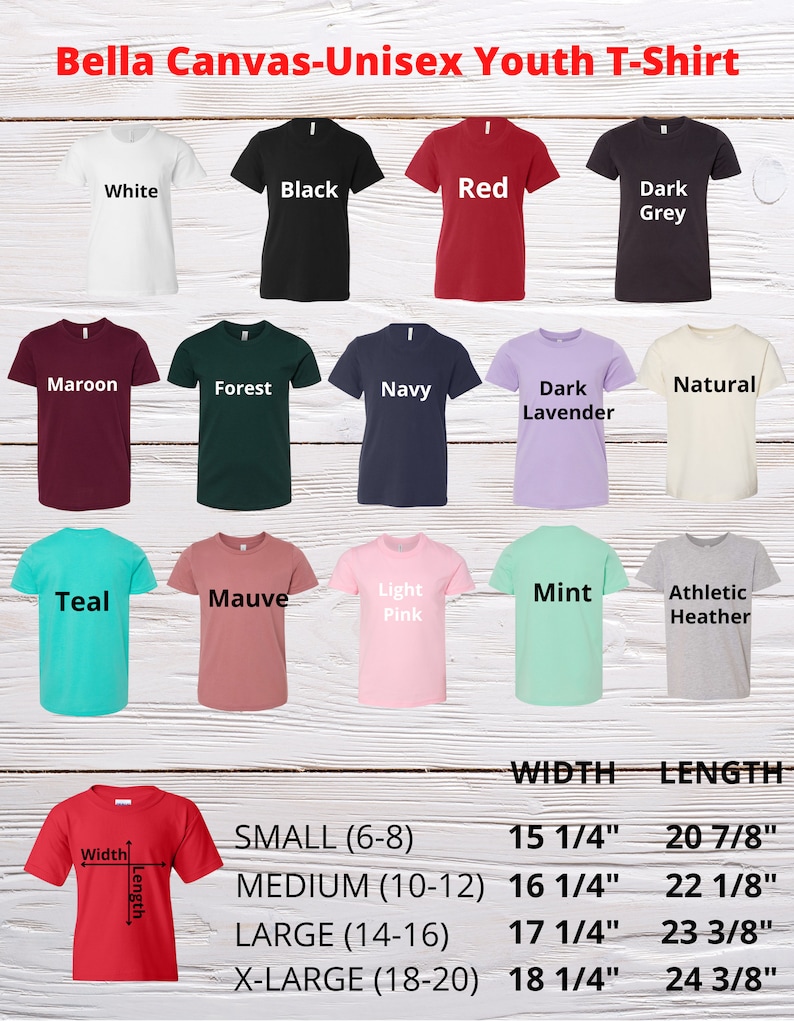 Puede incluir: Un gr&aacute;fico que muestra los diferentes tama&ntilde;os y colores de camisetas para j&oacute;venes disponibles. El gr&aacute;fico incluye las medidas de ancho y largo para cada talla. Las tallas son peque&ntilde;a (6-8), mediana (10-12), grande (14-16) y extra grande (18-20). Los colores incluyen blanco, negro, rojo, gris oscuro, granate, verde bosque, azul marino, lavanda oscuro, natural, azul turquesa, malva, rosa claro, menta y gris deportivo.