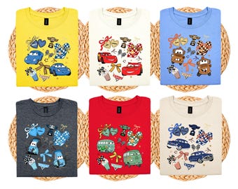 Cars Movie Family Matching Shirts: Lightning McQueen Sally Flo Tow Mater Coquette Bow Design