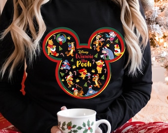 Disney Winnie The Pooh Christmas Themed Sweatshirt, Disney Winnie The Pooh Characters With Mickey Ears Sweatshirt, Disney Hoodies Crewnecks