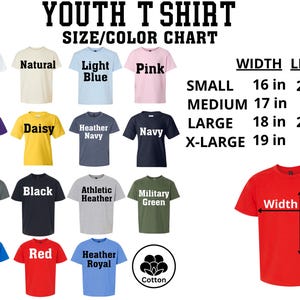 The image is a youth t-shirt size/color chart that provides the dimensions and color options for various t-shirt styles, including white, natural, light blue, pink, navy, large, x-large, black, athletic, military, green, royal, red, and royal.