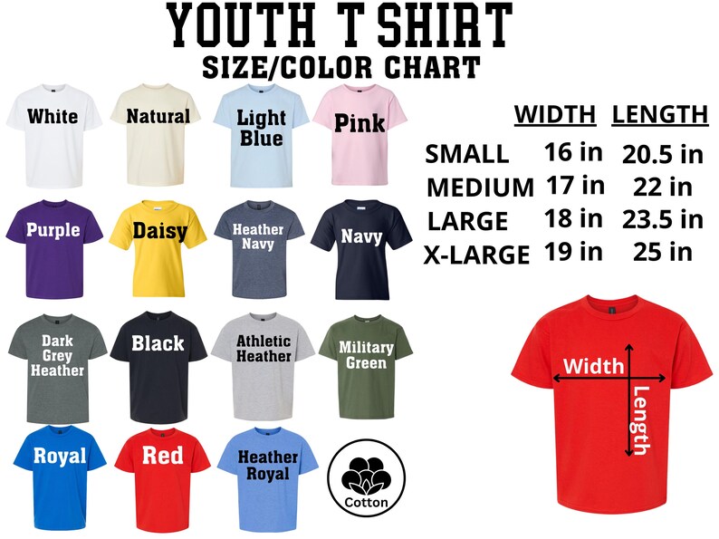 The image is a youth t-shirt size/color chart that provides the dimensions and color options for various t-shirt styles, including white, natural, light blue, pink, navy, large, x-large, black, athletic, military, green, royal, red, and royal.