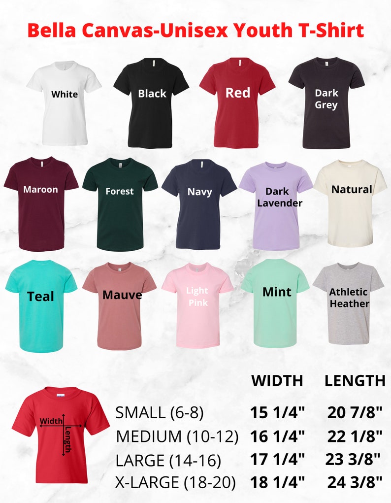 Puede incluir: Un gr&aacute;fico que muestra los diferentes tama&ntilde;os y colores de camisetas para j&oacute;venes. El gr&aacute;fico muestra las medidas de ancho y largo para cada talla. Las tallas son peque&ntilde;a (6-8), mediana (10-12), grande (14-16) y extra grande (18-20). Los colores son blanco, negro, rojo, gris oscuro, granate, verde bosque, azul marino, lavanda oscuro, natural, azul verdoso, malva, rosa claro, menta y gris deportivo.