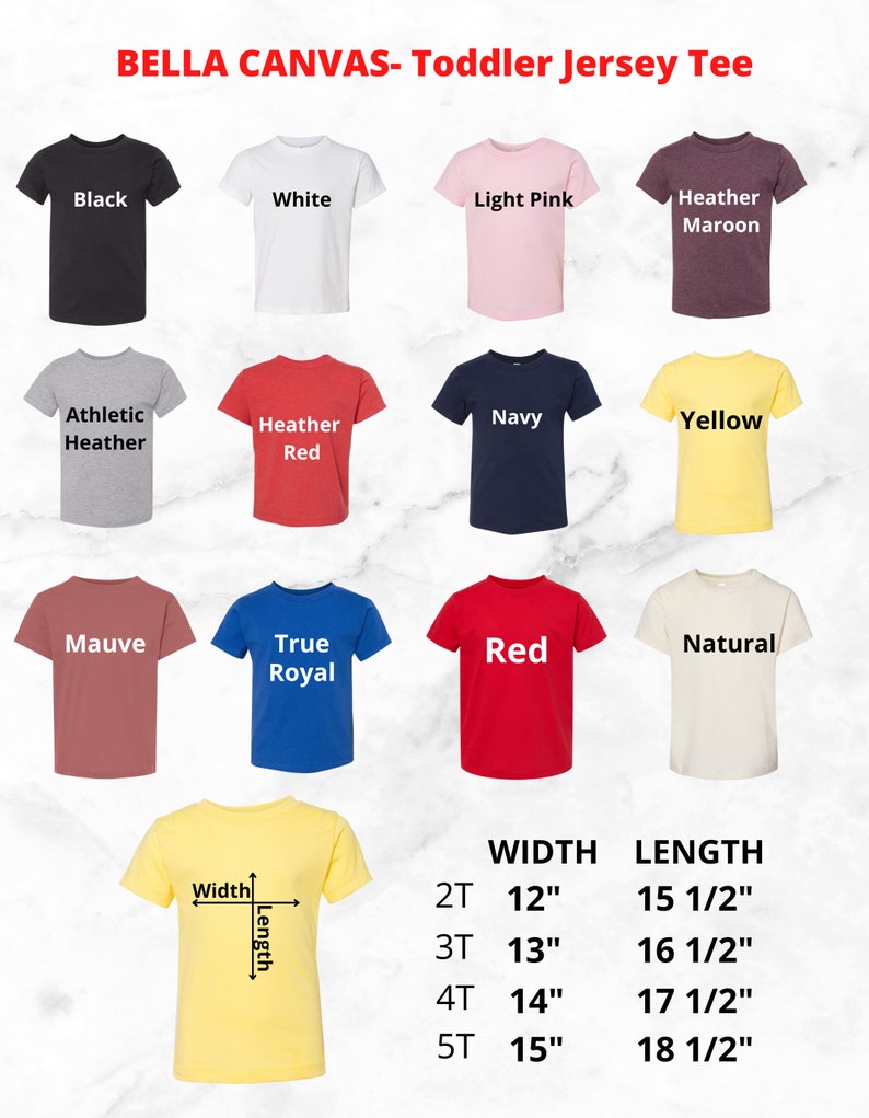 Puede incluir: Un gr&aacute;fico que muestra los diferentes colores y tama&ntilde;os de camisetas para ni&ntilde;os peque&ntilde;os. El gr&aacute;fico muestra los colores negro, blanco, rosa claro, granate jaspeado, gris jaspeado, rojo jaspeado, azul marino, amarillo, malva, azul royal, rojo y natural. El gr&aacute;fico tambi&eacute;n muestra las tallas 2T, 3T, 4T y 5T. El gr&aacute;fico muestra el ancho y la longitud de cada talla en pulgadas.