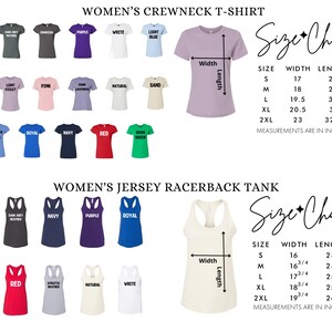 a collection of t-shirts and a size chart for women's crew necks and jerseys, providing measurements in inches.