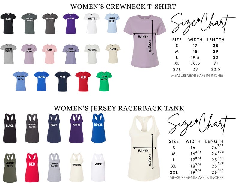 a collection of t-shirts and a size chart for women's crew necks and jerseys, providing measurements in inches.