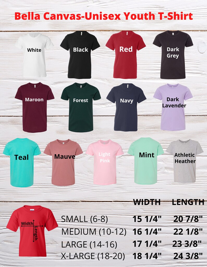 K&ouml;nnte beinhalten: Verschiedene Bella Canvas Unisex-Jugend-T-Shirts in Farben wie Wei&szlig;, Schwarz, Rot und Dunkelgrau. Das Bild zeigt Gr&ouml;&szlig;en- und Ma&szlig;angaben f&uuml;r jede Shirtgr&ouml;&szlig;e, von Small bis X-Large, mit Breiten von 38.7 cm bis 46.4 cm.
