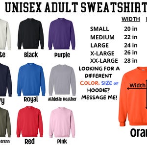 The image is a collage of various adult sweatshirts in different colors and sizes, along with their corresponding widths and lengths.